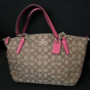 Coach Crossbody Signature Bag with Pink Leather Trim. 2 Drop Handles